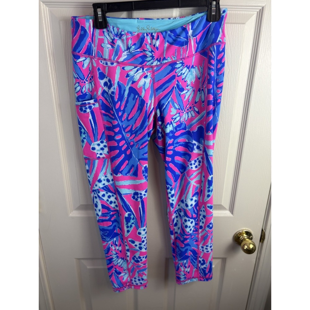 Lilly Pulitzer Luxletic Leggings Womens L Pink Blue Tropical Crop Excellent